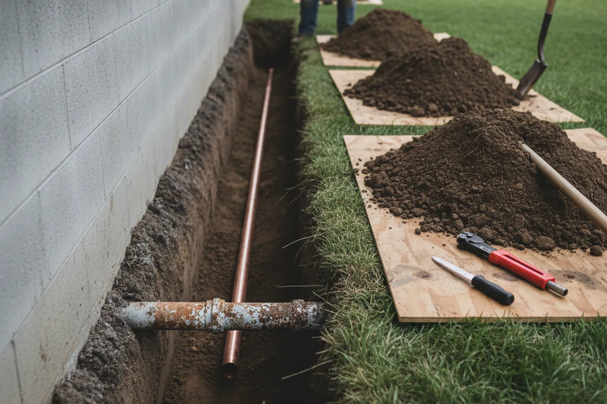 Excavated water line trench during Sewer Line Repair in Mutual